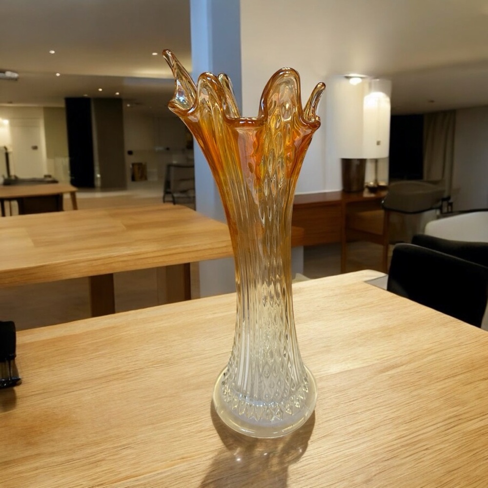 Vintage Fenton Marigold Carnival Glass Swung Vase Diamond Point Columns - Picture 4 of 12